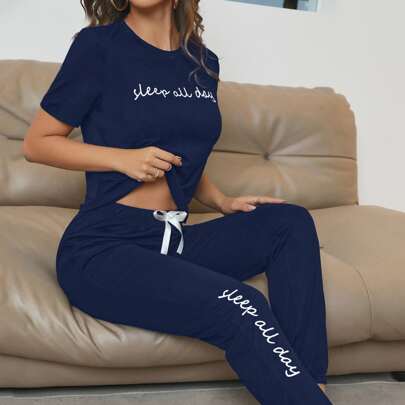 Slogan Graphic Tee & Bow Front Trousers Lounge Set