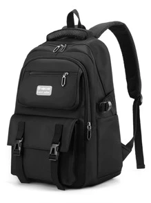 Solid Colour Large Capacity Multi-compartment Backpack With Water-resistant Design For Men And Students - Black - View 6