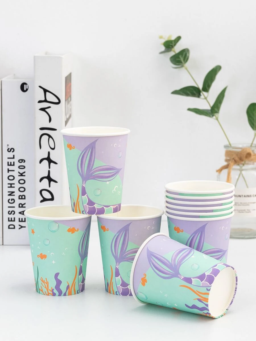 10入組美人魚圖案一次性杯子 - 彩色 - 查看 1