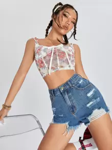 Shorts en mezclilla bajo crudo roto - Azul lavado medio - Ver 2