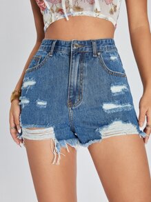 Shorts en mezclilla bajo crudo roto - Azul lavado medio - Ver 3