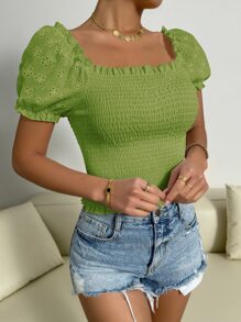 SHEIN Unity Top con bordado con ojal de manga farol con fruncido - Verde Lima - Ver 1