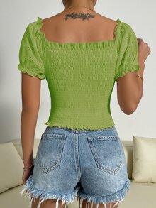 SHEIN Unity Top con bordado con ojal de manga farol con fruncido - Verde Lima - Ver 2