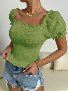 SHEIN Unity Top con bordado con ojal de manga farol con fruncido - Verde Lima - Ver 4