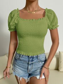 SHEIN Unity Top con bordado con ojal de manga farol con fruncido - Verde Lima - Ver 5