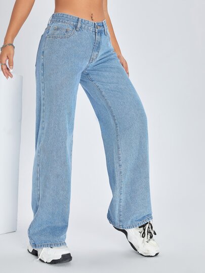 Solid Color Pocket Casual Versatile Wide Leg Jeans