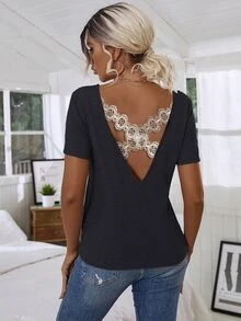 Floral Lace Crisscross Tee - Navy Blue - View 2