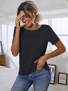Floral Lace Crisscross Tee - Navy Blue - View 5