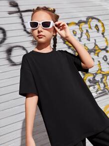 SHEIN Girls Slogan Graphic Drop Shoulder Tee - Black - View 2