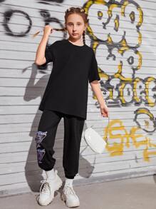 SHEIN Girls Slogan Graphic Drop Shoulder Tee - Black - View 3