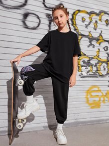 SHEIN Girls Slogan Graphic Drop Shoulder Tee - Black - View 5