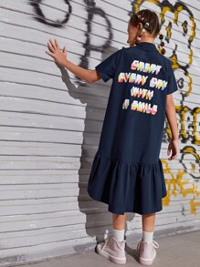 SHEIN Girls Slogan Graphic Ruffle Hem Smock Dress - Navy Blue - View 1