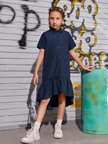 SHEIN Girls Slogan Graphic Ruffle Hem Smock Dress - Navy Blue - View 2