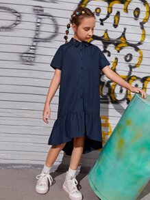 SHEIN Girls Slogan Graphic Ruffle Hem Smock Dress - Navy Blue - View 3