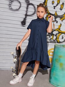 SHEIN Girls Slogan Graphic Ruffle Hem Smock Dress - Navy Blue - View 4