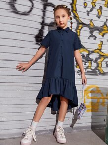 SHEIN Girls Slogan Graphic Ruffle Hem Smock Dress - Navy Blue - View 5