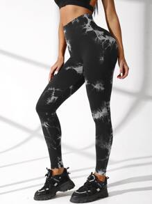 Yoga Trendy Wide Waistband Solid Sports Leggings - Black and White - View 2