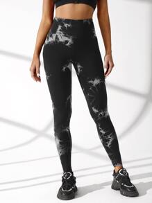 Yoga Trendy Wide Waistband Solid Sports Leggings - Black and White - View 4