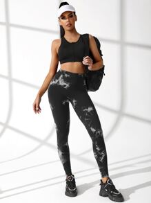 Yoga Trendy Wide Waistband Solid Sports Leggings - Black and White - View 6