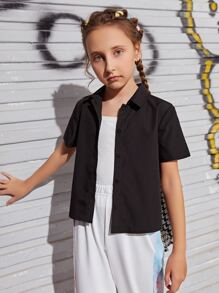 SHEIN Niñas Blusa de pata de gallo trasero - Negro - Ver 2