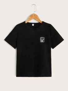 SHEIN Tween Boys' Cartoon Face Printed T-Shirt, Simple & Comfortable, Suitable For Daily Casual Wear In Summer - Black - View 1