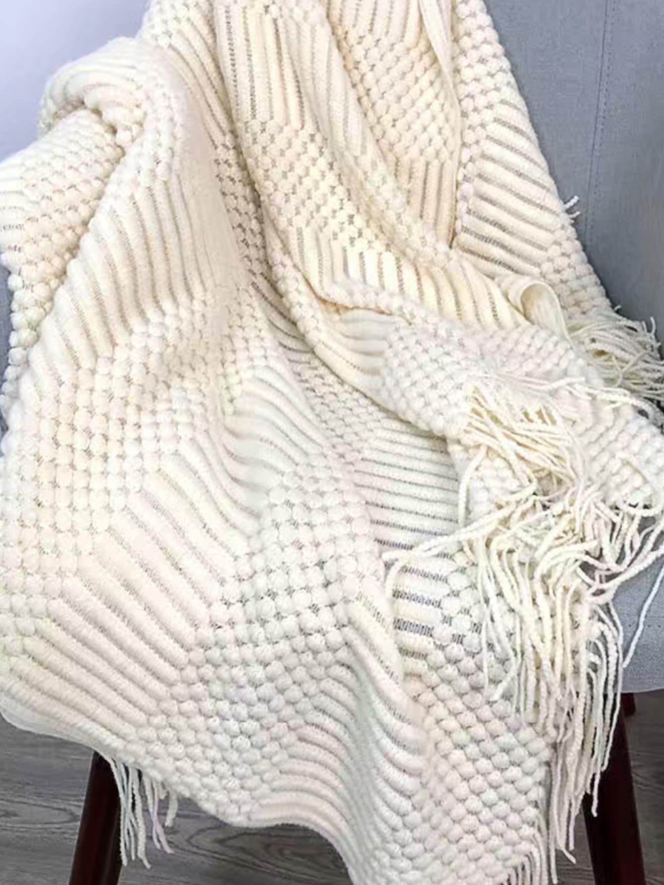 Tassel Decor Knitted Blanket - White - View 6