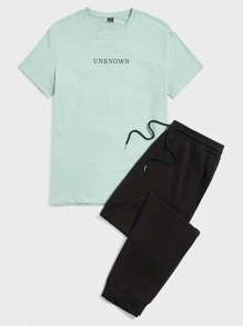 GENTILAND Men Letter Graphic Top & Joggers Set - Multicolor - View 1