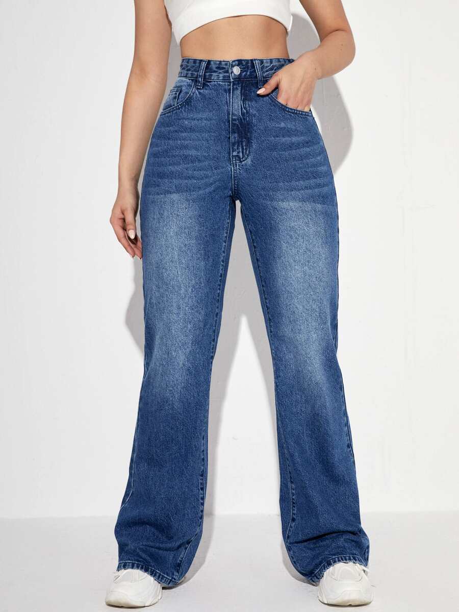 High Waist Straight Leg Jeans - Medium Wash - View 1