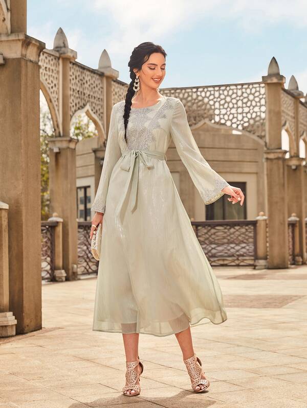 SHEIN Najma Embroidered Applique Belted Dress