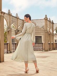 SHEIN Najma Embroidered Applique Belted Dress - Mint Green - View 2