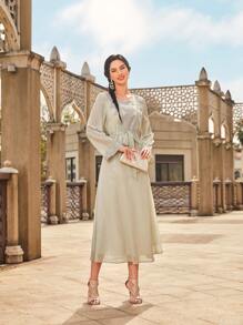 SHEIN Najma Embroidered Applique Belted Dress - Mint Green - View 3