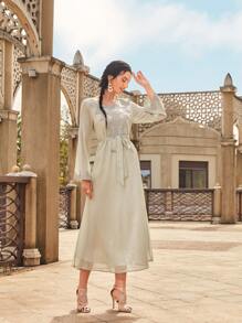 SHEIN Najma Embroidered Applique Belted Dress - Mint Green - View 4