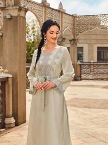SHEIN Najma Embroidered Applique Belted Dress - Mint Green - View 5