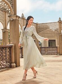 SHEIN Najma Embroidered Applique Belted Dress - Mint Green - View 6