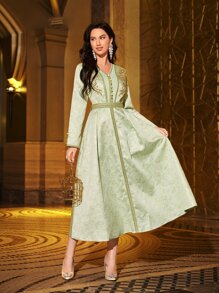 SHEIN Najma Jacquard Applique Fake Button Belted Dress - Mint Green - View 1