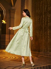 SHEIN Najma Jacquard Applique Fake Button Belted Dress - Mint Green - View 2