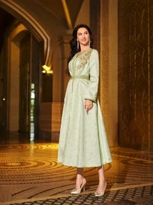 SHEIN Najma Jacquard Applique Fake Button Belted Dress - Mint Green - View 3