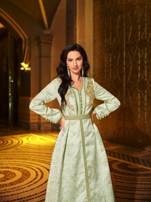 SHEIN Najma Jacquard Applique Fake Button Belted Dress - Mint Green - View 5