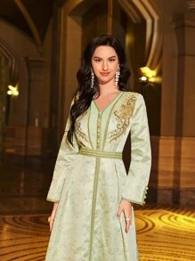 SHEIN Najma Jacquard Applique Fake Button Belted Dress - Mint Green - View 6