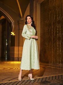 SHEIN Najma Jacquard Applique Fake Button Belted Dress - Mint Green - View 7