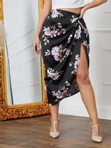 SHEIN Clasi Falda con estampado floral fruncido bajo asimétrico - Multicolor - Ver 1