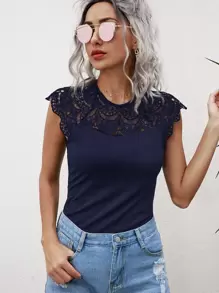 SHEIN Unity 素色緹花蕾絲面上衣 - 藏蓝色 - 查看 4