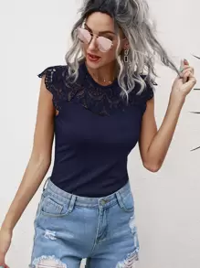 SHEIN Unity 素色緹花蕾絲面上衣 - 藏蓝色 - 查看 5