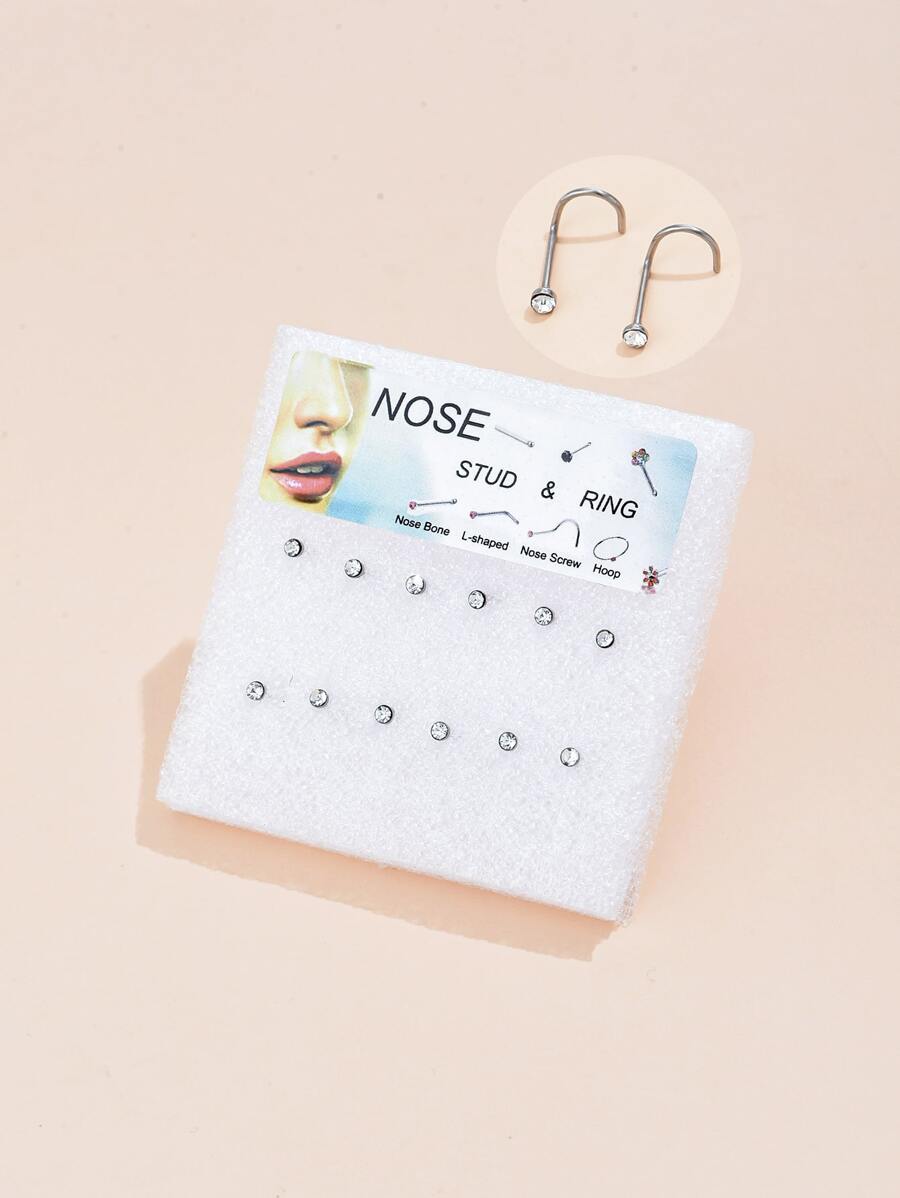 12 Cái/bộ Thép Không Gỉ, Kim Cương Giả Trang Trí Vòng Mũi Cho Phụ Nữ Và Nam Giới, Punk Xuyên, Một Món Quà Trang Sức Cơ Thể Thời Trang Cho Bất Kỳ Dịp Nào - Bạc - Xem 1