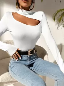 SHEIN SXY Asymmetrical Neck Solid Cut Out Tee - White - View 1