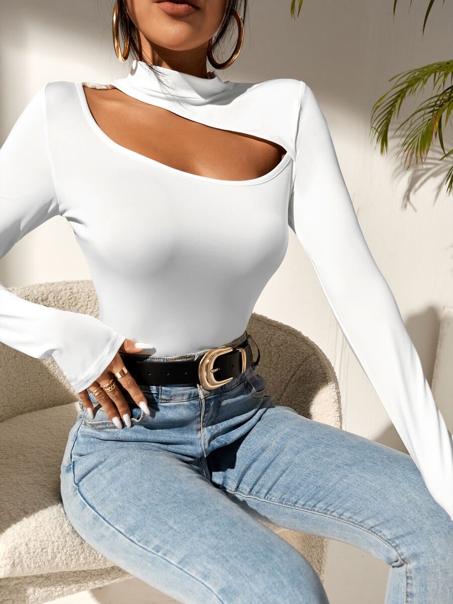 SHEIN SXY Asymmetrical Neck Solid Cut Out Tee - White - View 1