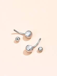 2 piezas/set Anillo de ombligo con decoración de diamantes de imitación de acero inoxidable para mujeres y hombres, piercing punk, un regalo de joyería corporal de moda para cualquier ocasión - Plateado - Ver 2