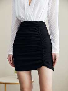 BizChic High Waist Solid Ruched Skirt - Black - View 6