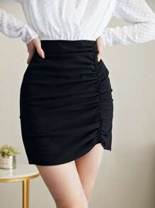 BizChic High Waist Solid Ruched Skirt - Black - View 5