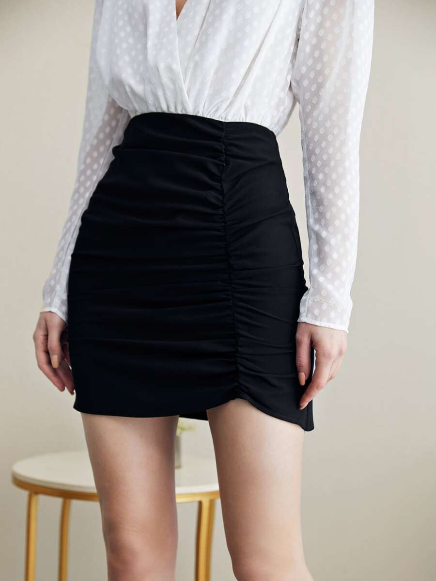 BizChic High Waist Solid Ruched Skirt - Black - View 1